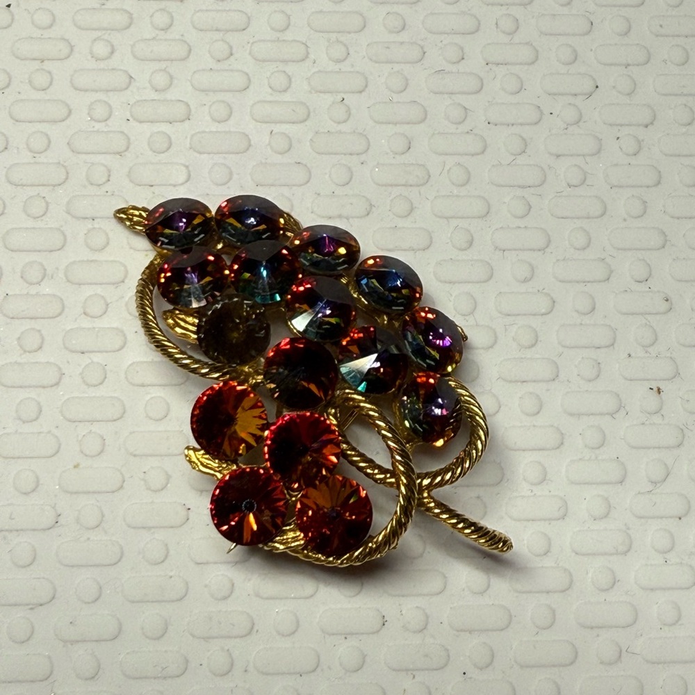 72.) Watermelon Rivoli Elegant Gold and Multicolor Brooch